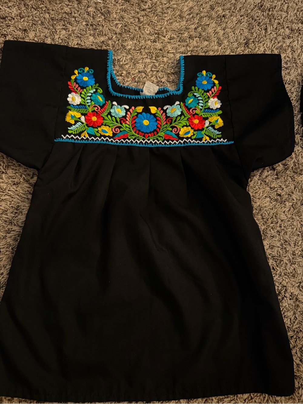 Black Embroidered Mexican-style Top with Bright Floral Yoke